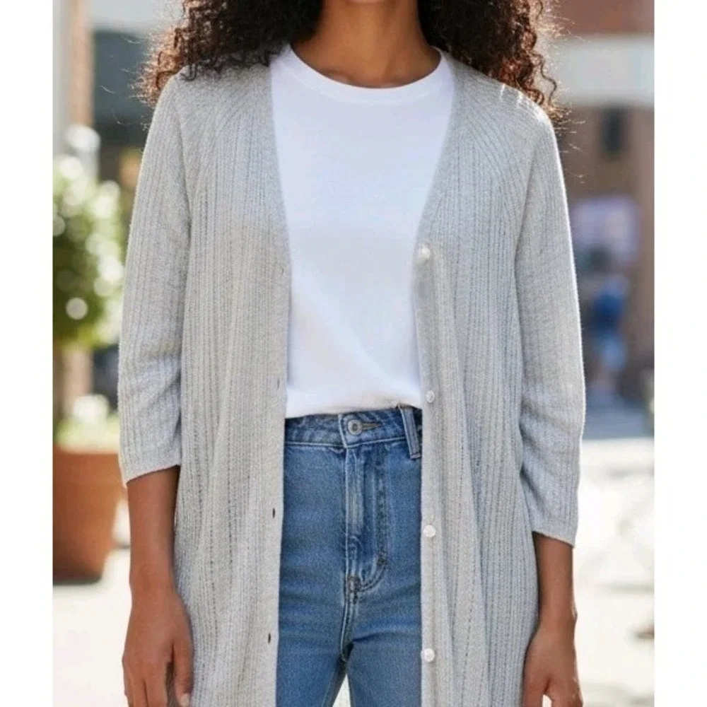 Eileen Fisher gray Italian Yarn knit cardigan sweater Lagenlook SZ M Retail $198